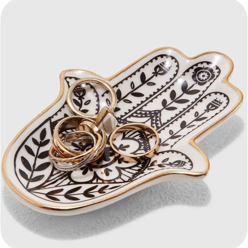 Jewelry Trinket Ring Dish Ceramic Hamsa Evil Eye Hand of Fatima Holder Key Ashta